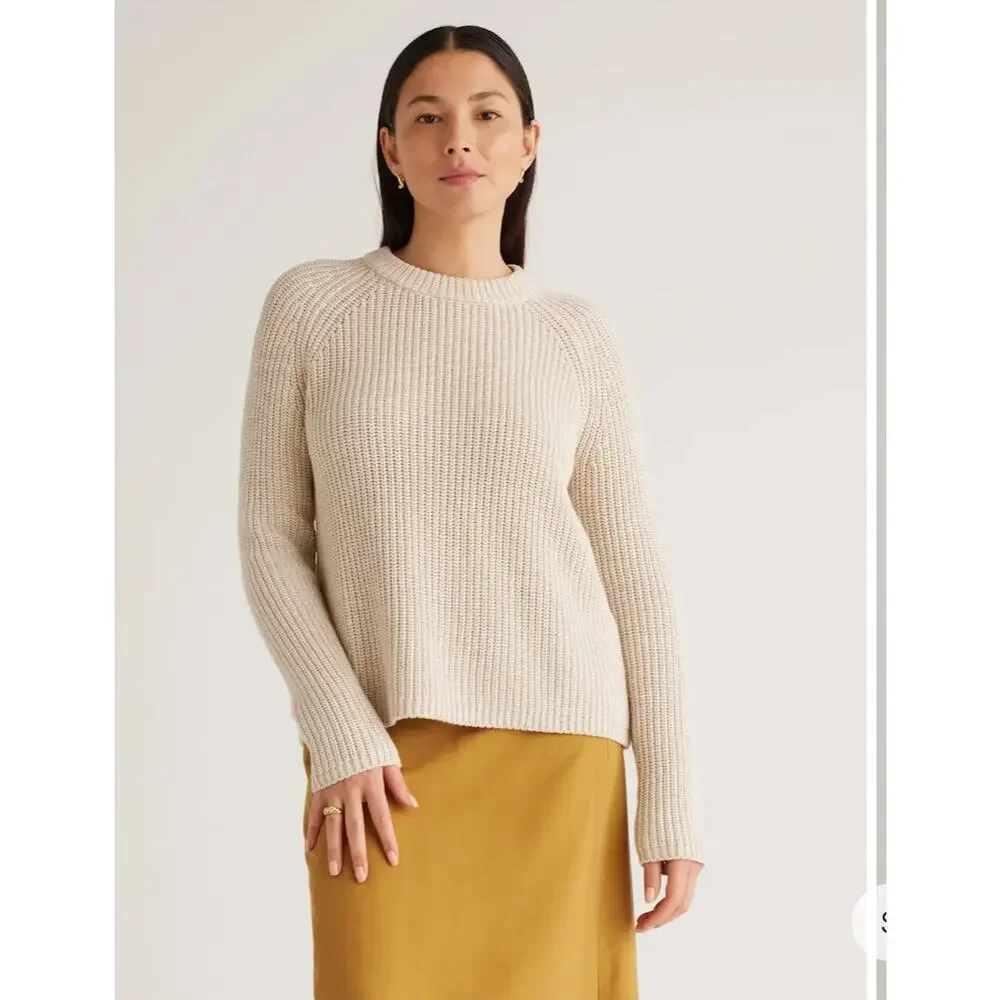 Womens Quince Organic Cotton Ribbed Fisherman Crew Sweater Sz XL Beige - Picture 3 of 7